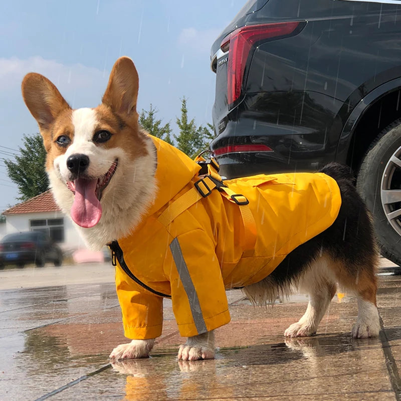Reflective Waterproof Dog Raincoat with Built-In Harness