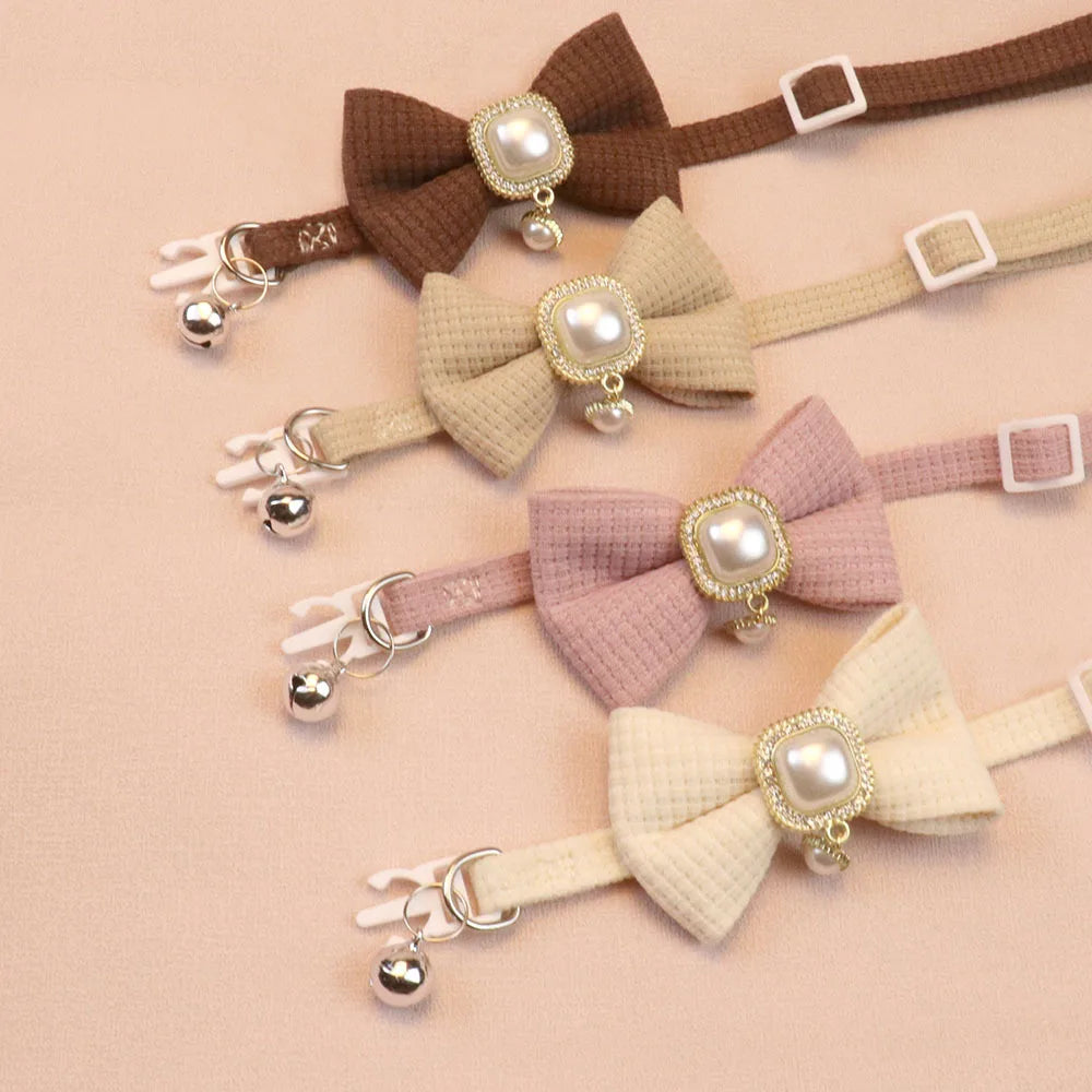 Waffle Bow & Pearl Pendant Cat Collar with Bell