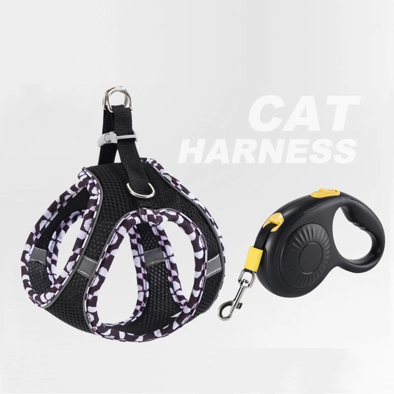 Reflective Padded Pet Harness & Retractable Lead Set — Tangle-Free for Small Dogs & Cats