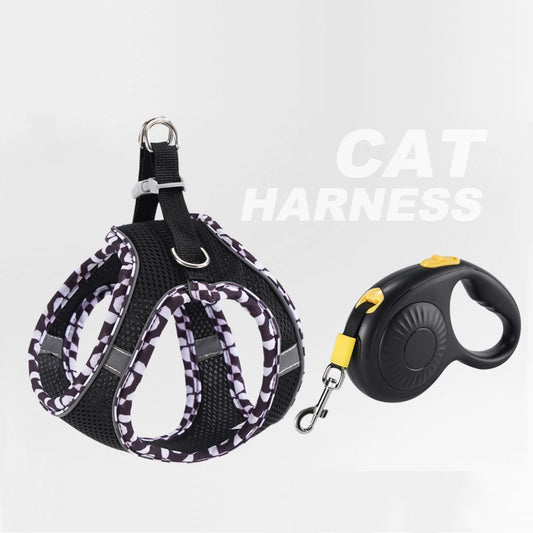 Reflective Padded Pet Harness & Retractable Lead Set — Tangle-Free for Small Dogs & Cats
