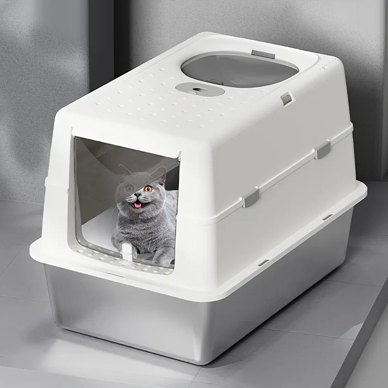 Enclosed Stainless Steel Cat Litter Box with Flip Cover & Non-Slip Mat