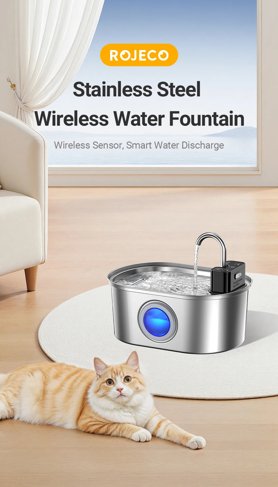 Stainless Steel Smart Pet Water Fountain with 4000mAh Battery & Sensor