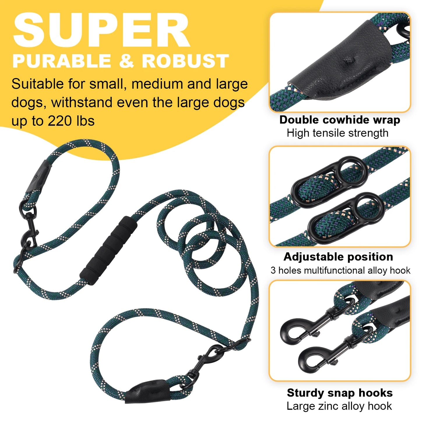 Heavy Duty Multi-Function Dog Lead with Padded Handle – 7.5ft Hands-Free