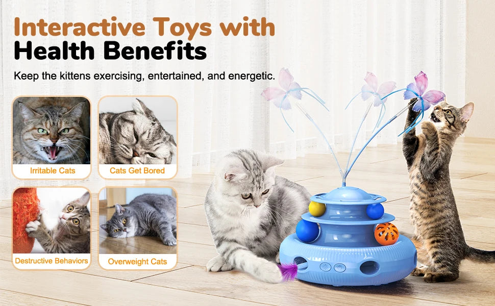Jouet pour chat automatique rechargeable 4-en-1 avec papillon, plume et balle de piste
