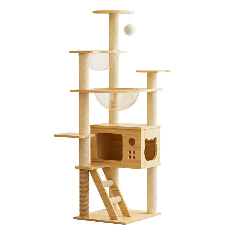 Wooden Cat Tree with Hideaway & Clear Perch