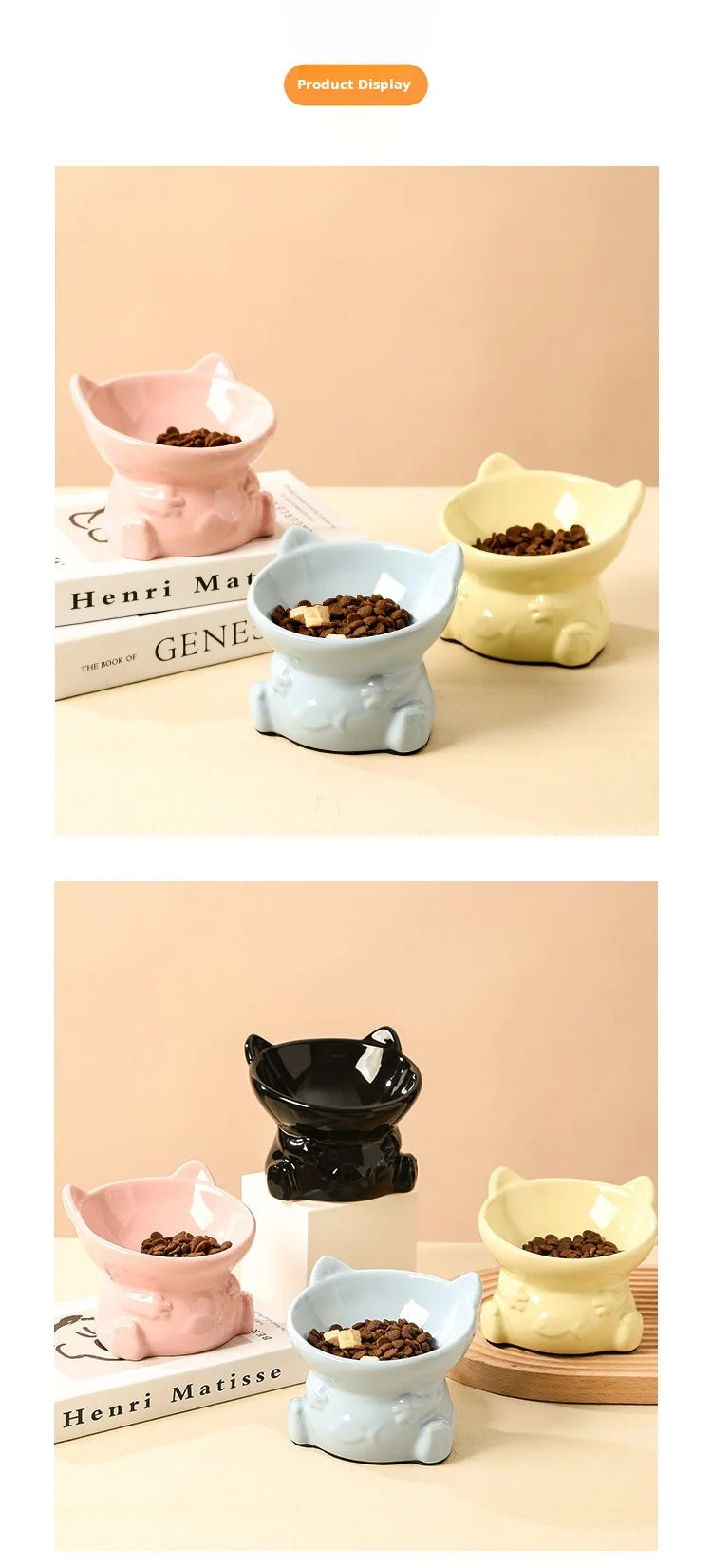 Ensemble de gamelles surélevées en céramique pour animaux de compagnie - Double gamelle avec motif de poisson et protection du cou