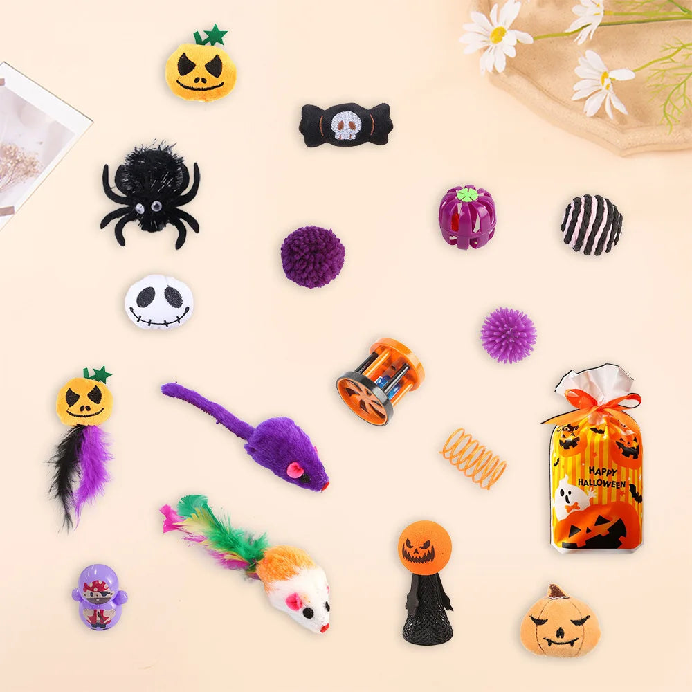 Halloween Cat Toys Set with Bats, Spiders and Pumpkins