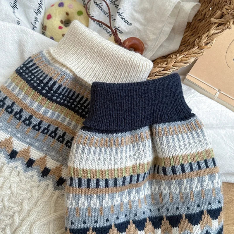 Vintage Print Dog Sweater for Small & Medium Dogs — Navy, Blue & Beige