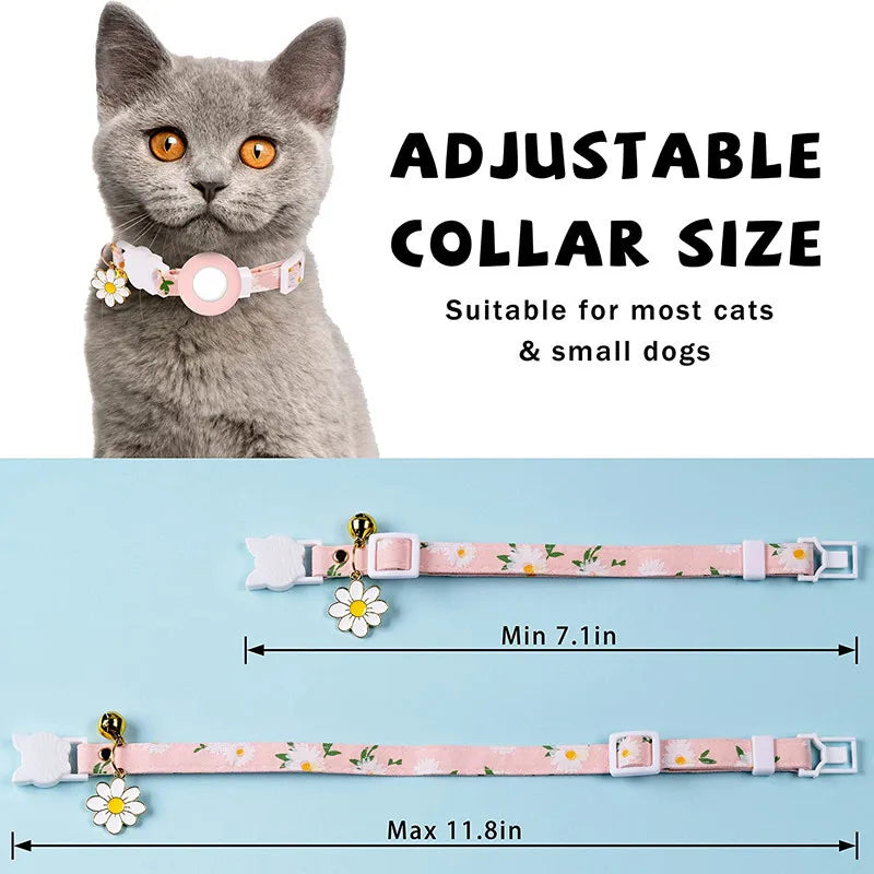 Collier de chat sécurisé avec support AirTag marguerite et grelot