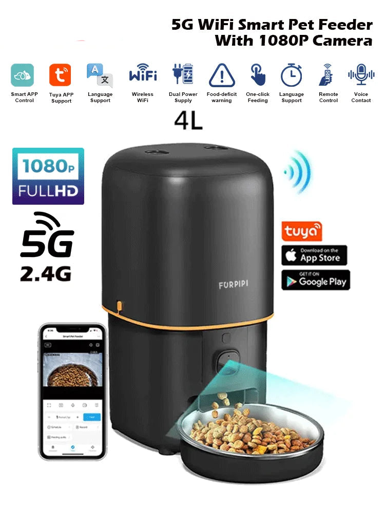 Smart Pet Feeder with 1080P Camera, Night Vision & Two-Way Audio — 2.4G/5G Wi-Fi, Tuya App