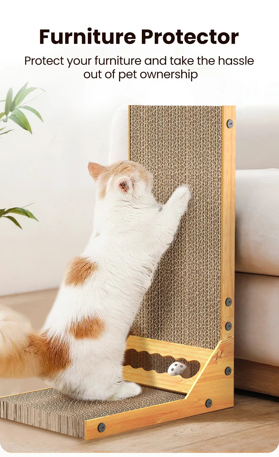 L-Shaped Cat Scratcher with Trackball Toy & Furniture Protector