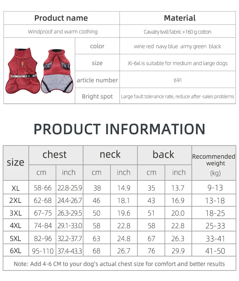 Waterproof Dog Winter Coat with Built-In Harness — Reflective Windproof Turtleneck Jacket