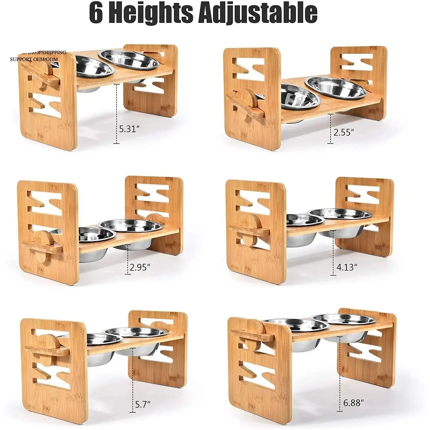 Bamboo Elevated Slanted Bowl Stand for Dogs & Cats — 15° Tilt or Flat, 6 Adjustable Heights