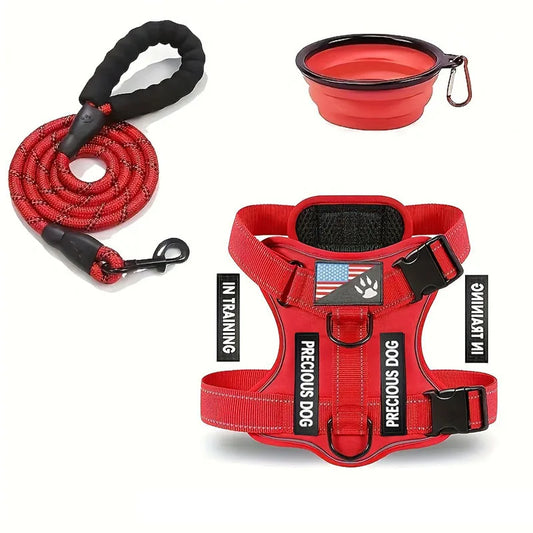 Reflective Dog Harness & Leash Set with Folding Bowl