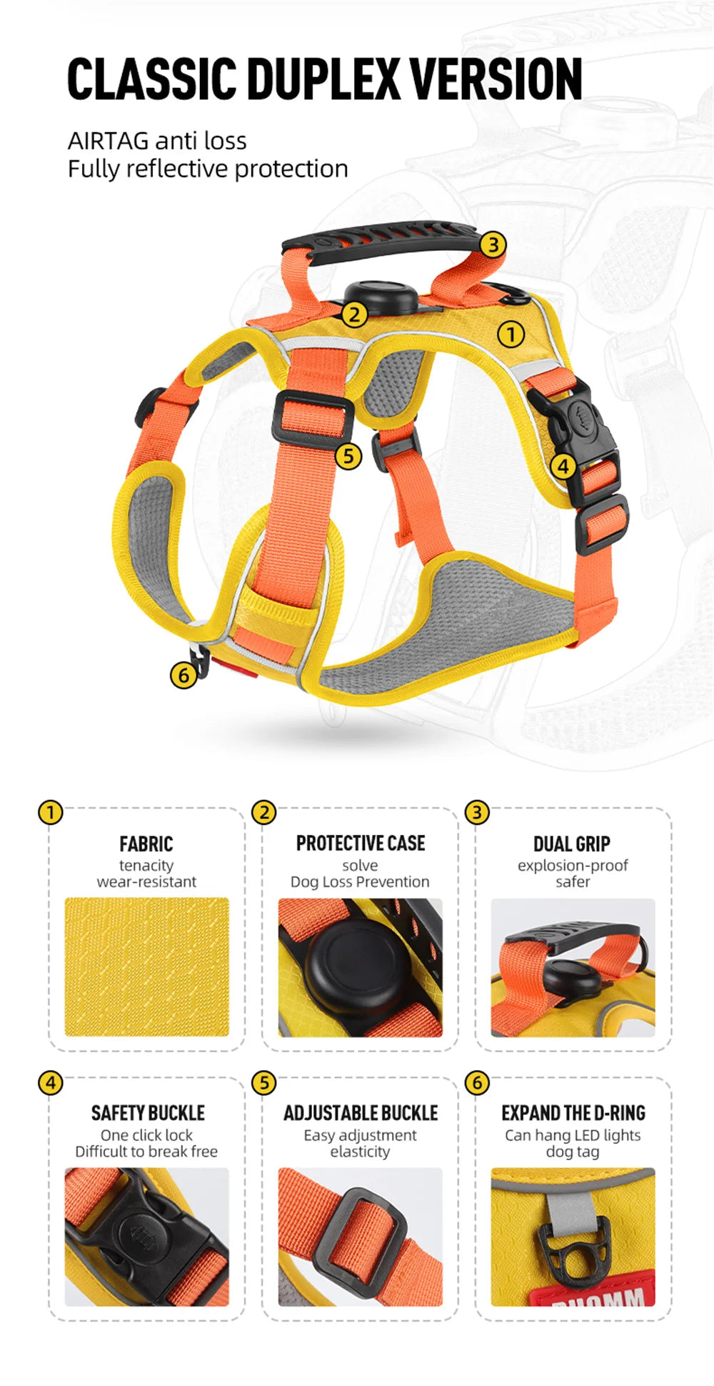 Reflective No-Pull Dog Harness Vest with AirTag Holder
