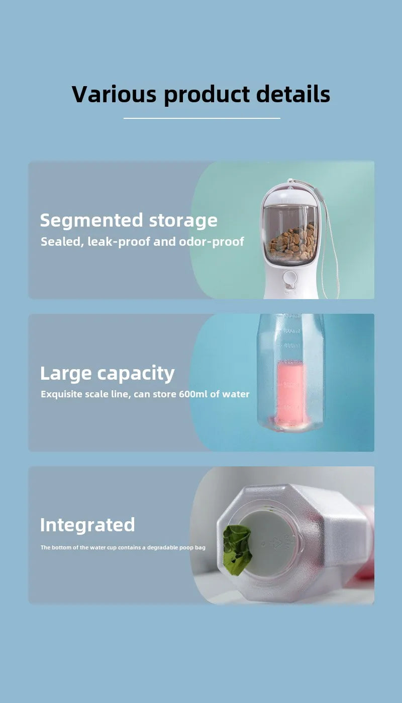 3-in-1 Dog Water Bottle with Food Storage & Waste Bag Holder