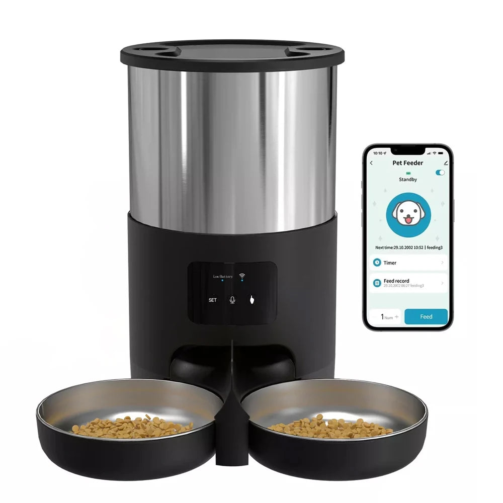 Distributeur automatique de croquettes 4L – Mangeoire en acier inoxydable avec contrôle par application WiFi ou bouton