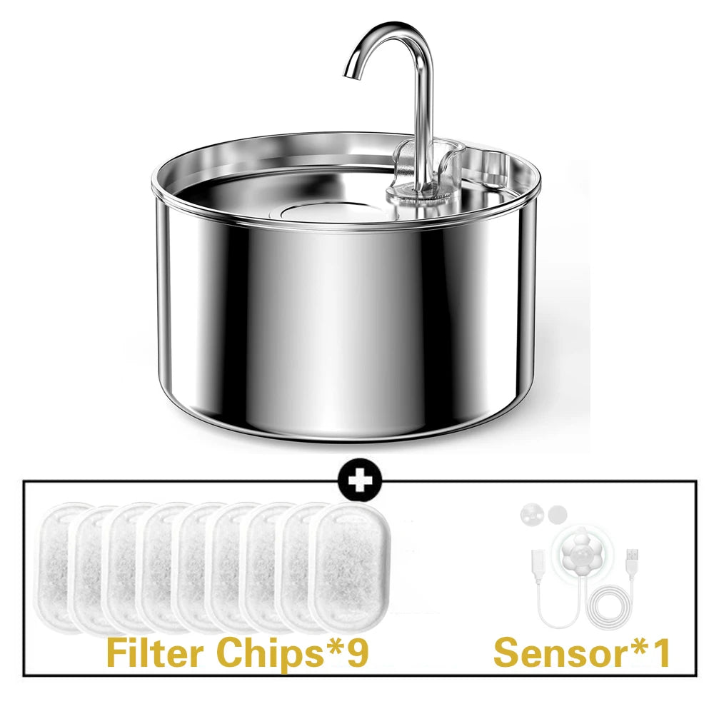 2.2L Stainless Steel Silent Pet Water Fountain — Dual Style with Filter & Sensor Options