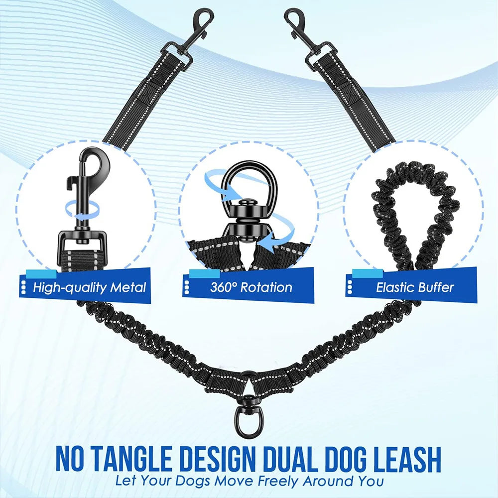 Double Dog Leash with Elastic Shock Absorber