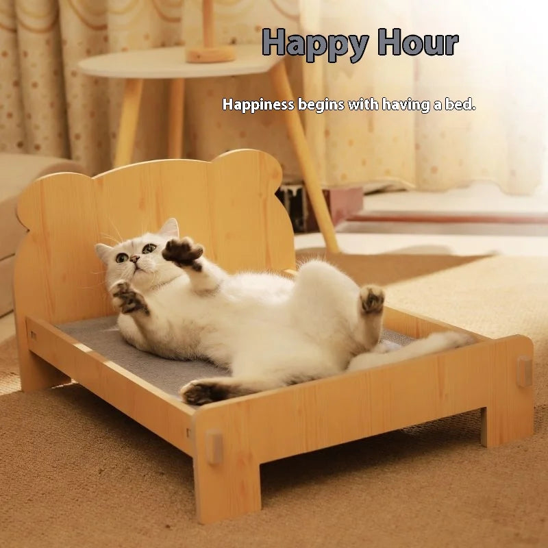 Solid Wood Pet Bed with Removable Washable Mat – All-Season Cat & Dog House