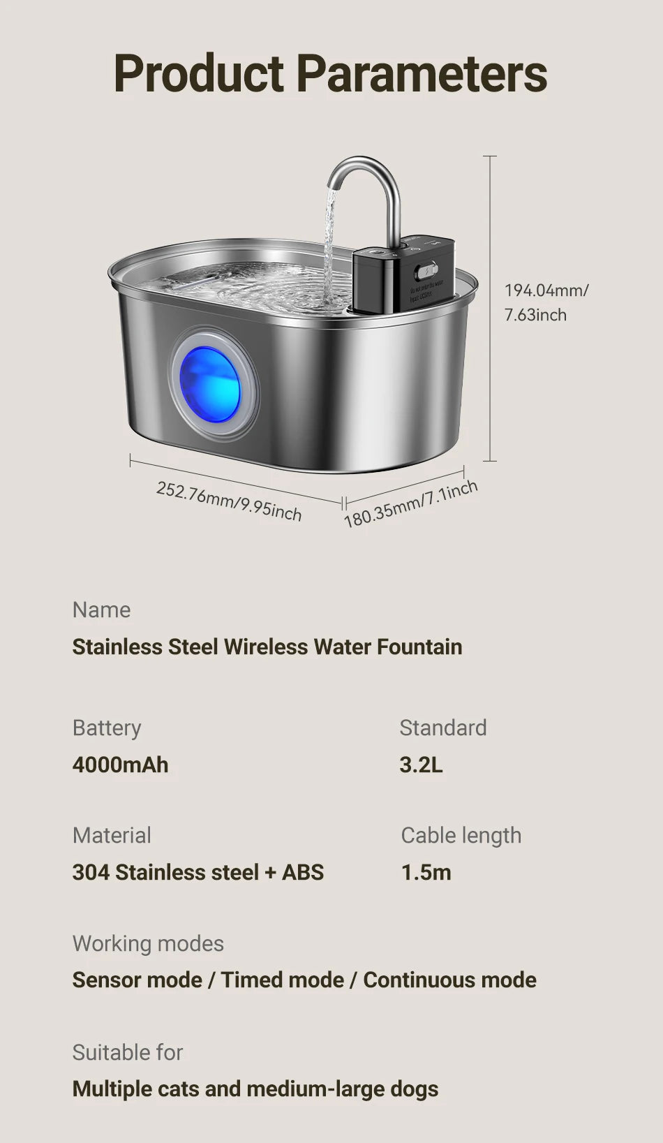 Stainless Steel Smart Pet Water Fountain with 4000mAh Battery & Sensor