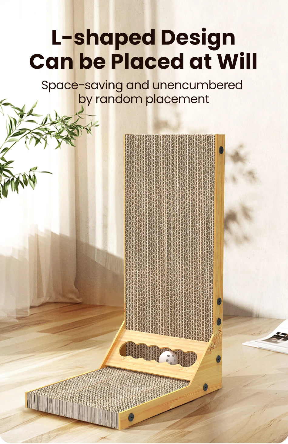 L-Shaped Cat Scratcher with Trackball Toy & Furniture Protector