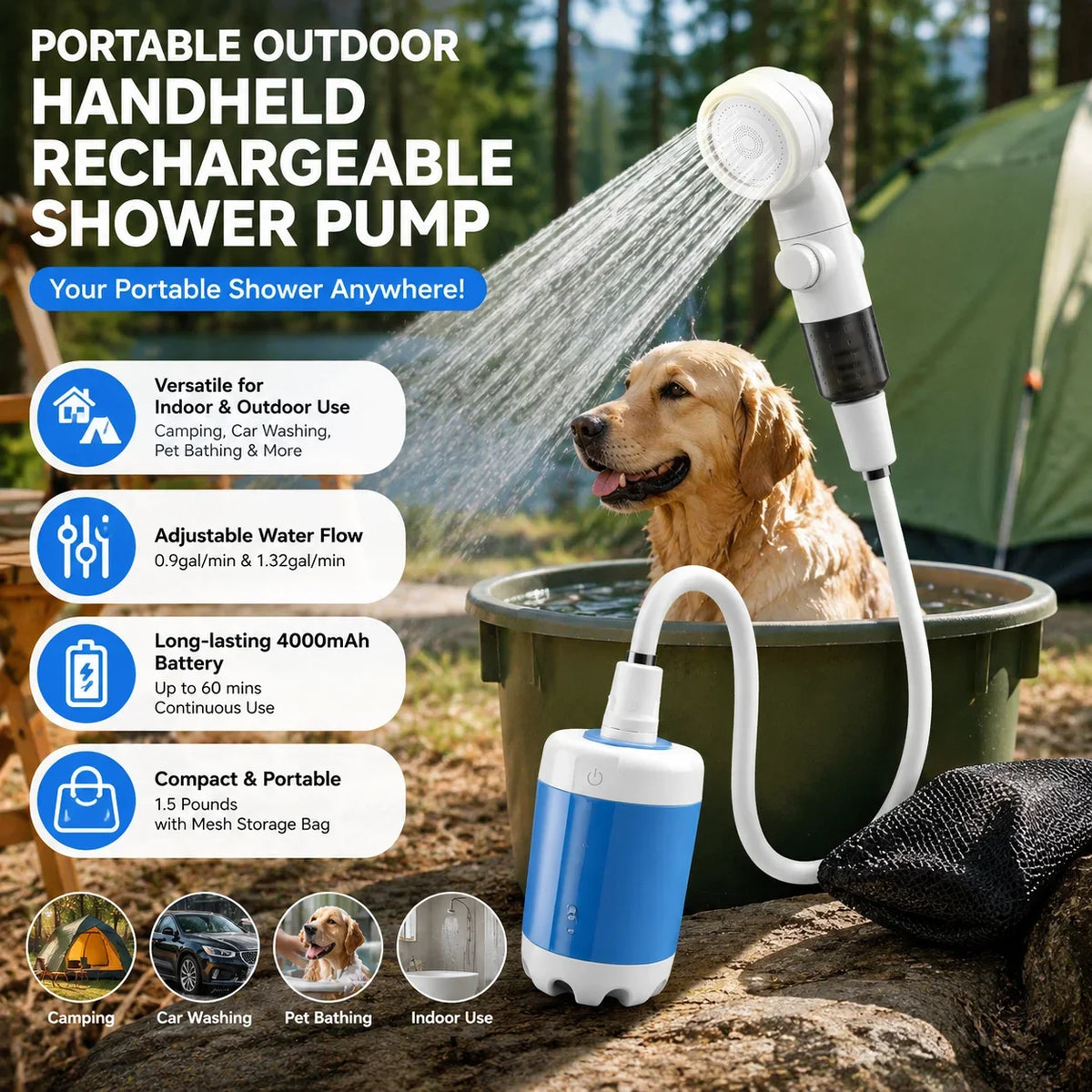 Portable Rechargeable Handheld Shower for Dogs & Outdoor Use