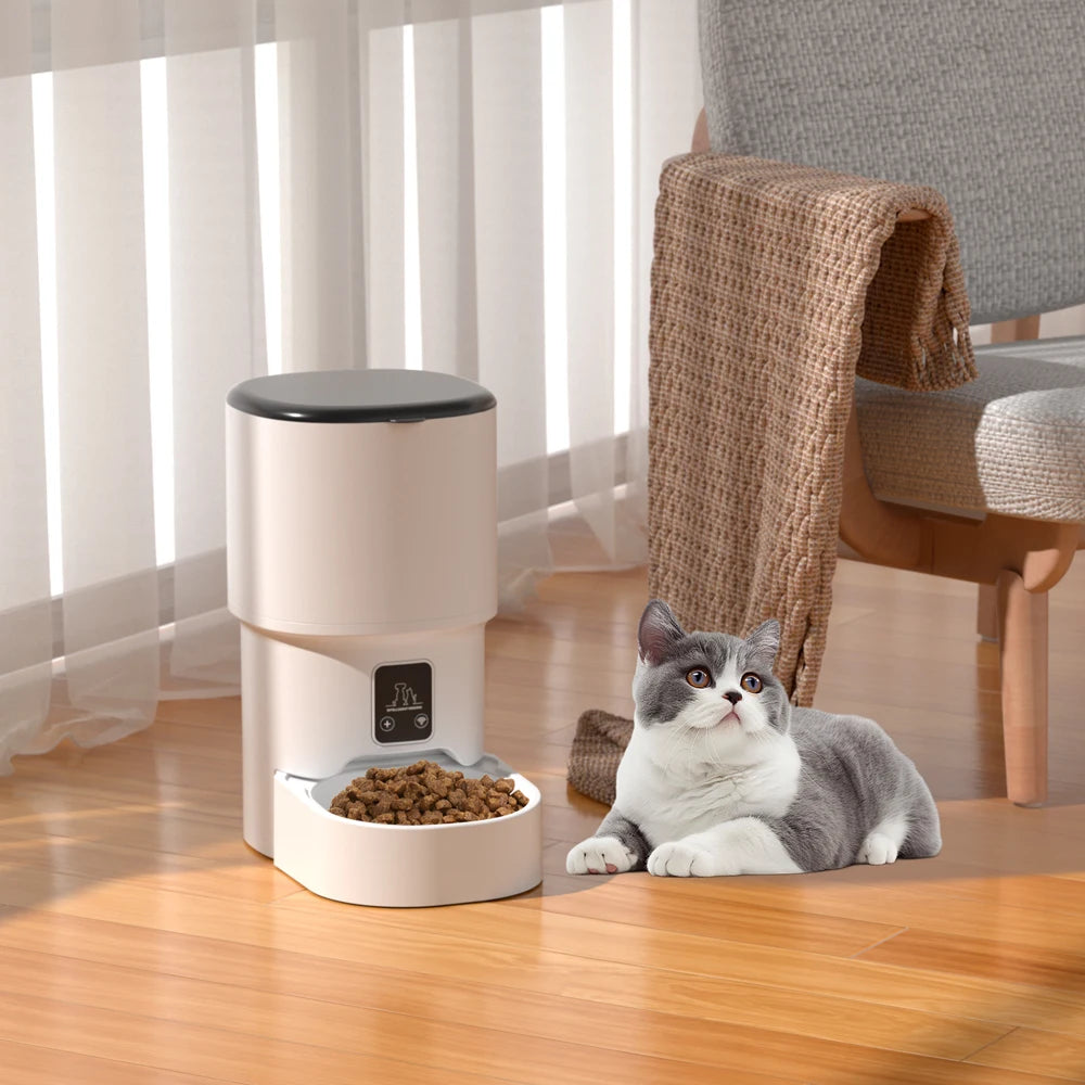 Distributeur intelligent pour chats Tuya WiFi grande capacité 4L, permet de programmer des repas chronométrés et quantitatifs, convient aux gamelles pour chats et chiens