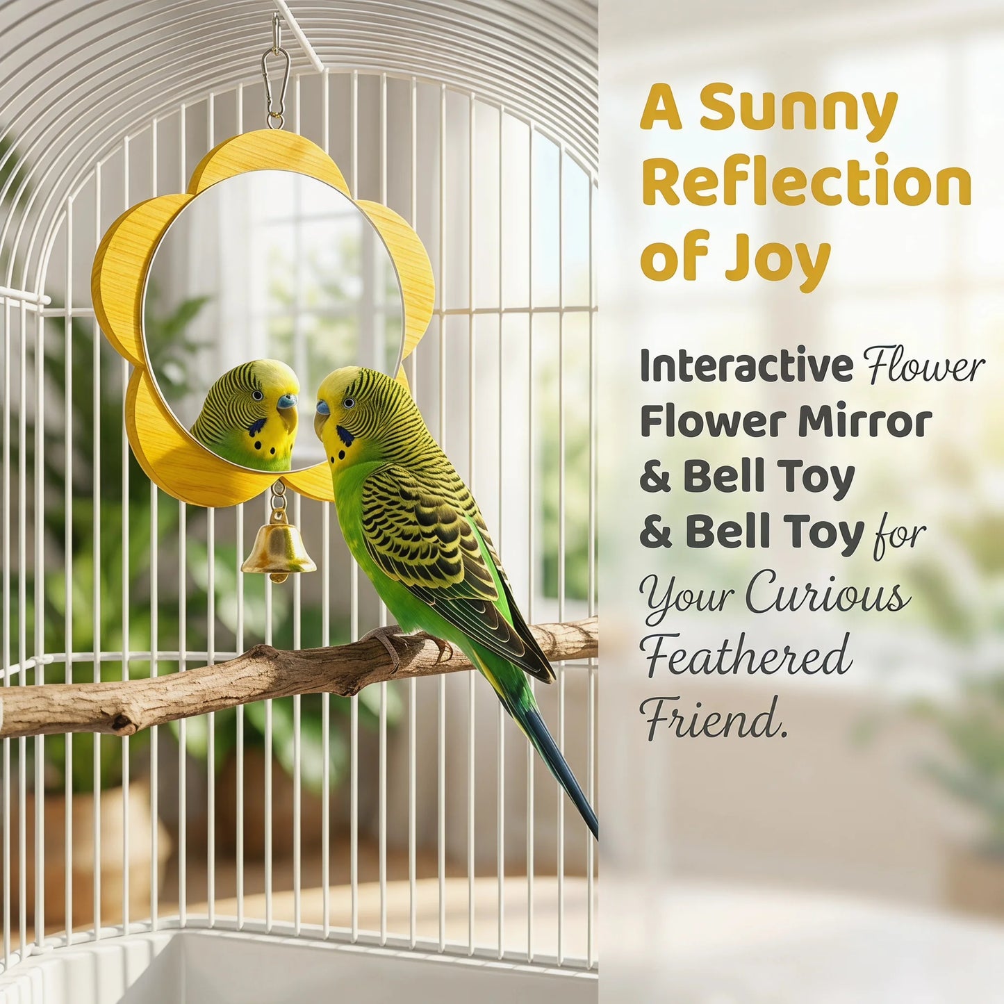 Wooden Flower Mirror Toy with Bell for Parrots & Budgies