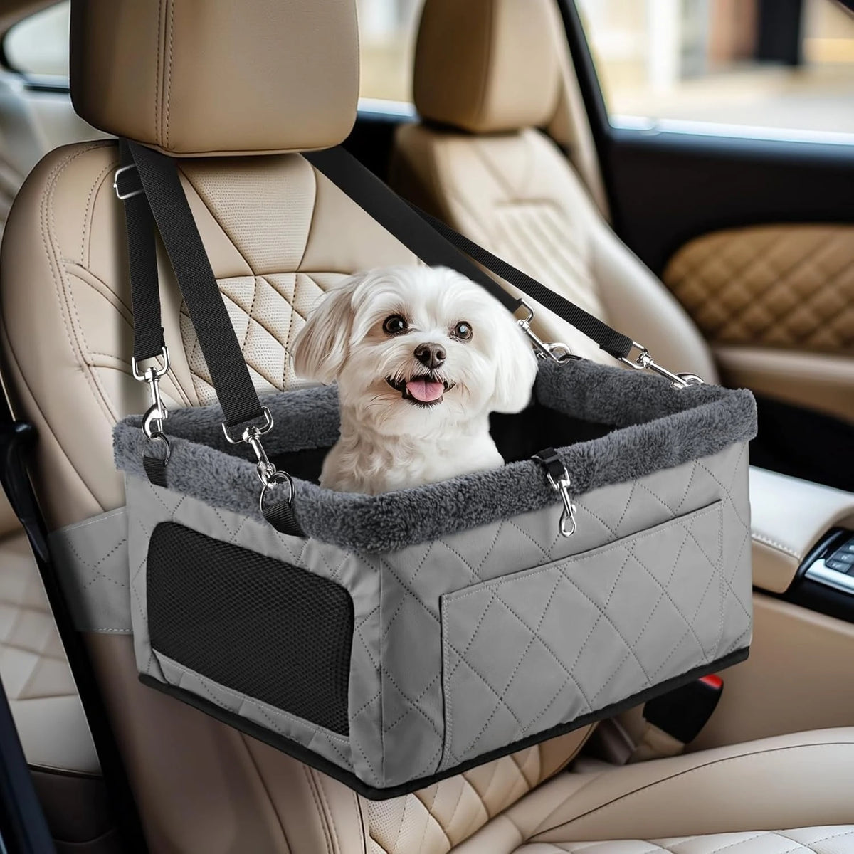 Leather Metal Frame Dog & Cat Car Booster Seat with Safety Belt