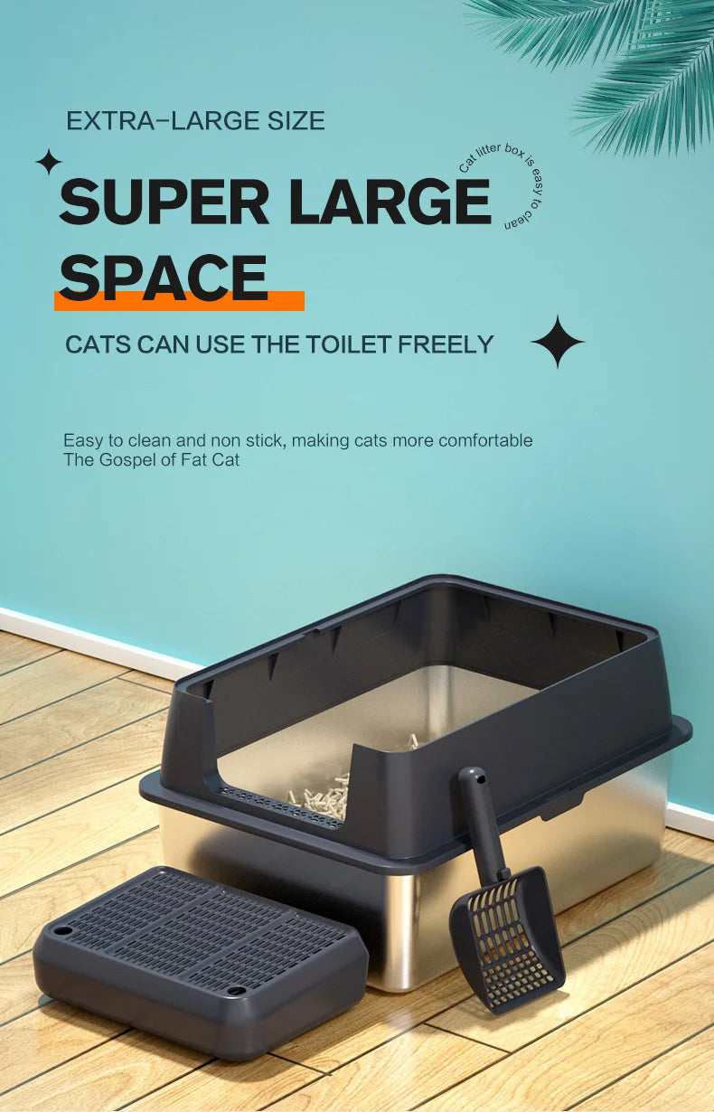 XXXL Stainless Steel Cat Litter Box with Lid — High Sides for Large & Big Cats