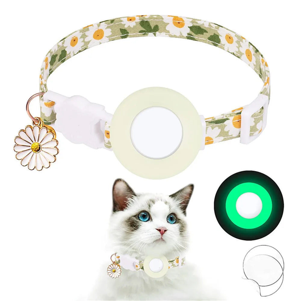 Collier de chat sécurisé avec support AirTag marguerite et grelot