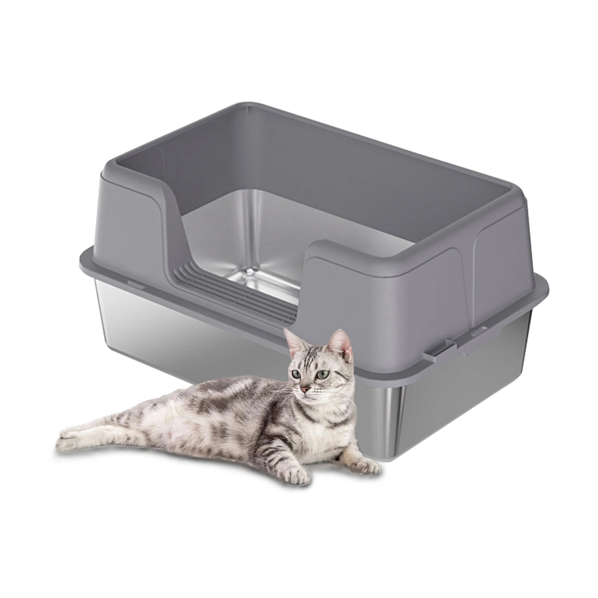 Stainless Steel Semi-Enclosed Cat Litter Box | High Sides | Anti-Splash | 3 Sizes