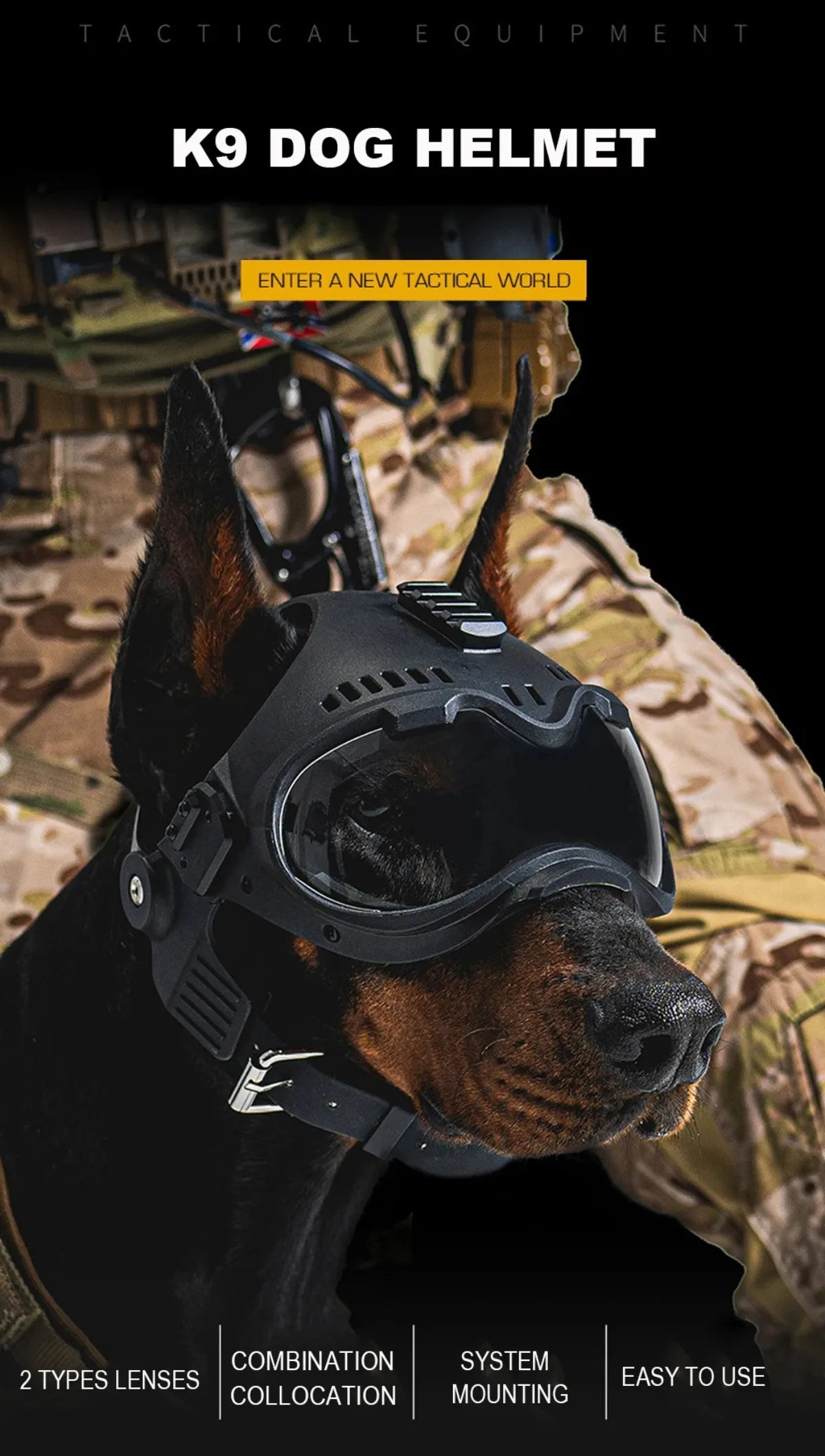 K9 Tactical Dog Helmet with Dual Goggles for Medium & Large Working Dogs