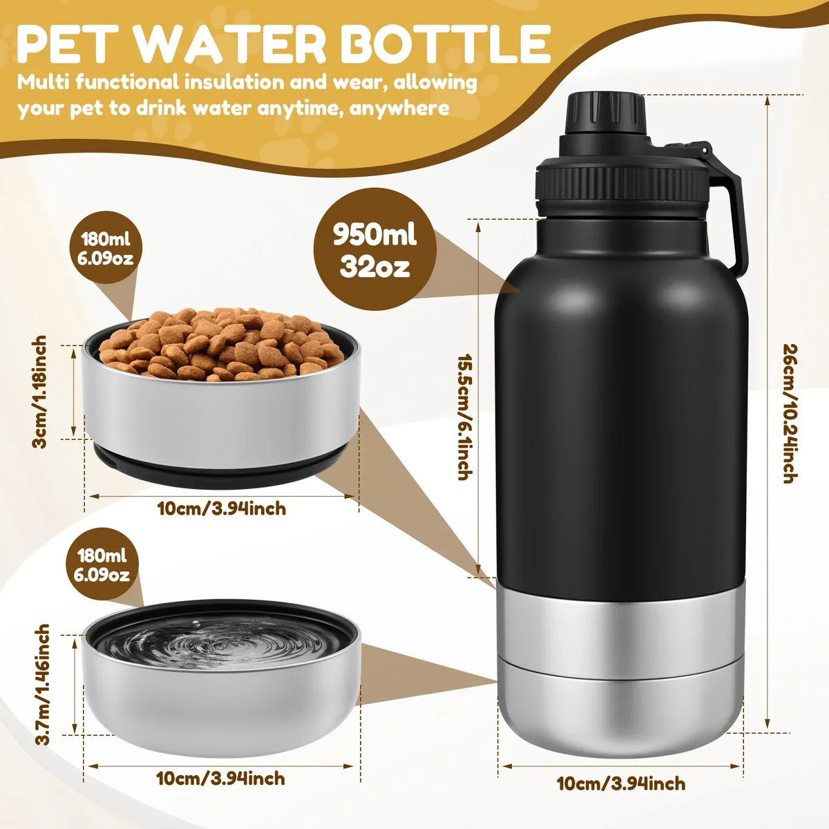 3-in-1 Portable Dog Water Bottle with 2 Detachable Bowls — 32oz Leak-Proof