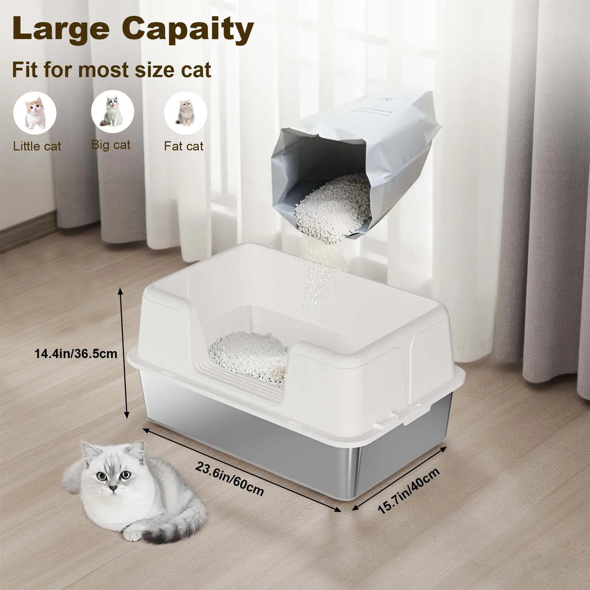 Stainless Steel Semi-Enclosed Cat Litter Box | High Sides | Anti-Splash | 3 Sizes