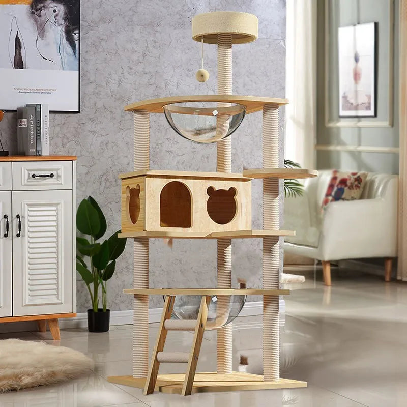 Multi-Level Wooden Cat Tree with Sisal Scratching Posts