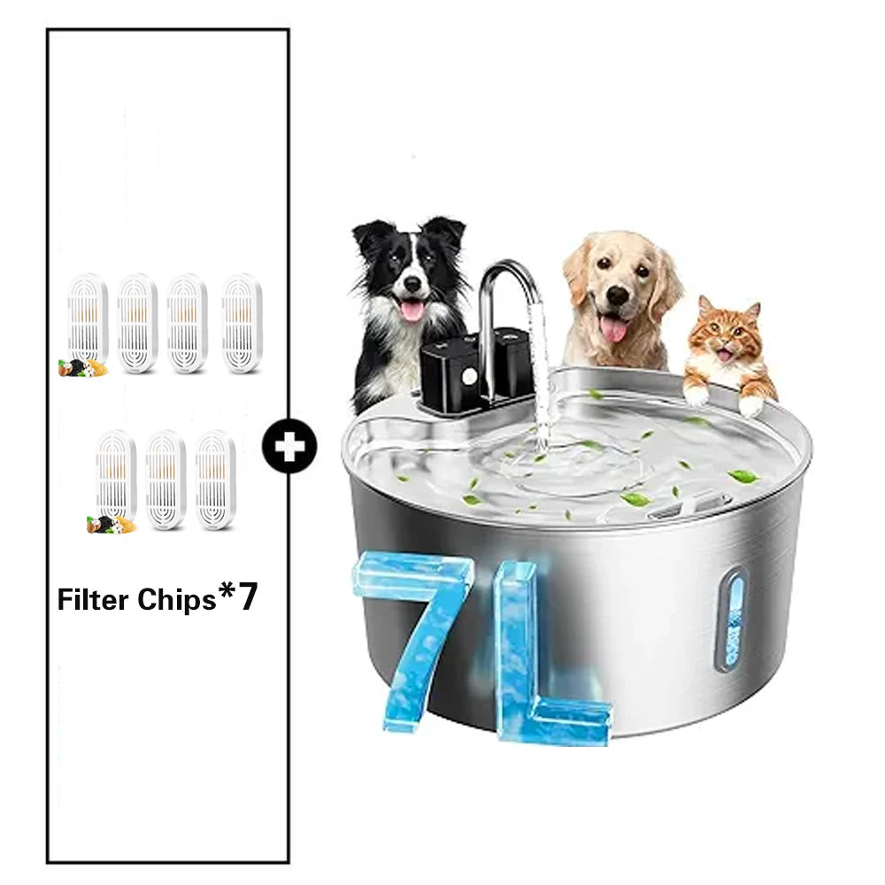 Fontaine à eau sans fil rechargeable pour animaux de compagnie 7 L - Acier inoxydable