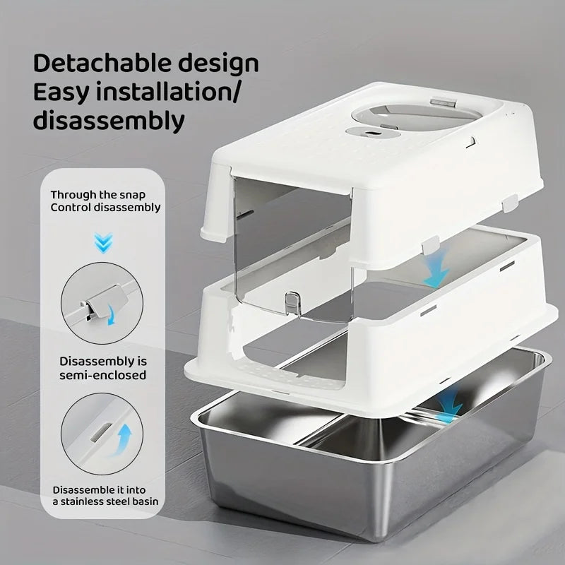 Enclosed Stainless Steel Cat Litter Box with Flip Cover & Non-Slip Mat