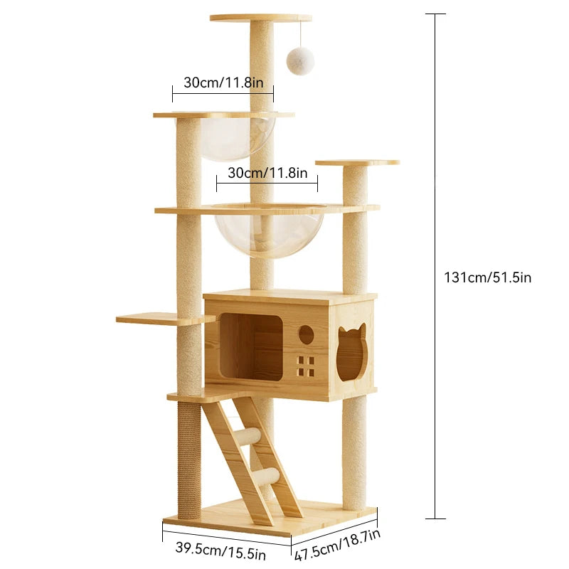 Wooden Cat Tree with Hideaway & Clear Perch