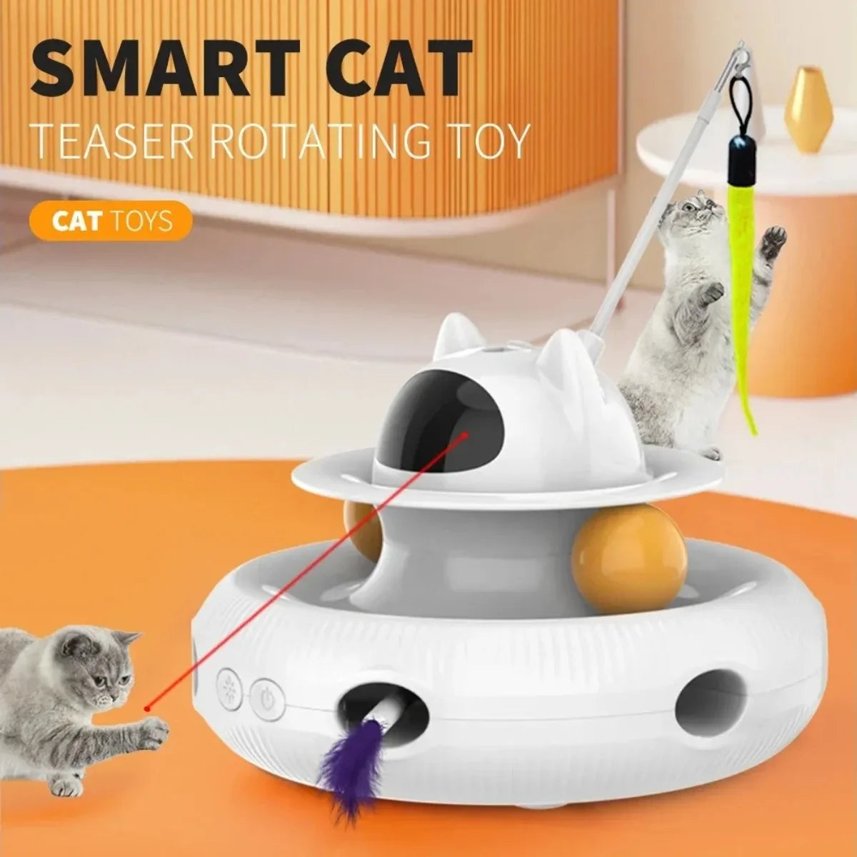 Jouet interactif intelligent 4-en-1 pour chat avec laser, plumes et balles de piste