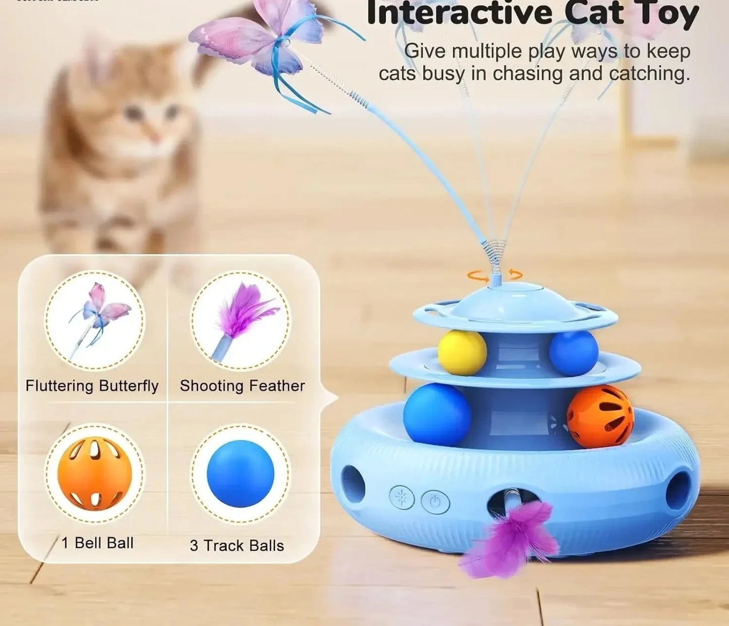 Jouet pour chat automatique rechargeable 4-en-1 avec papillon, plume et balle de piste