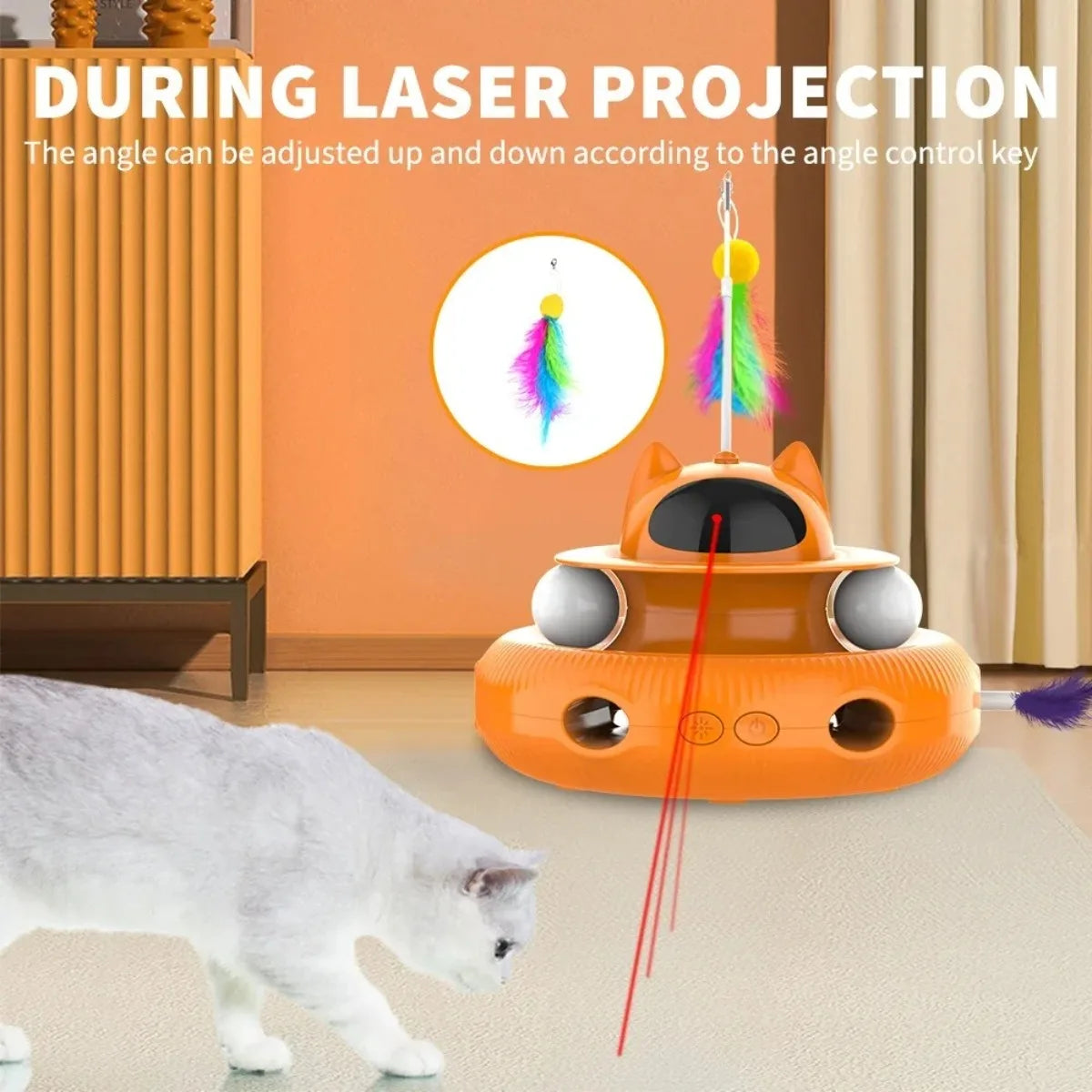 Jouet interactif intelligent 4-en-1 pour chat avec laser, plumes et balles de piste