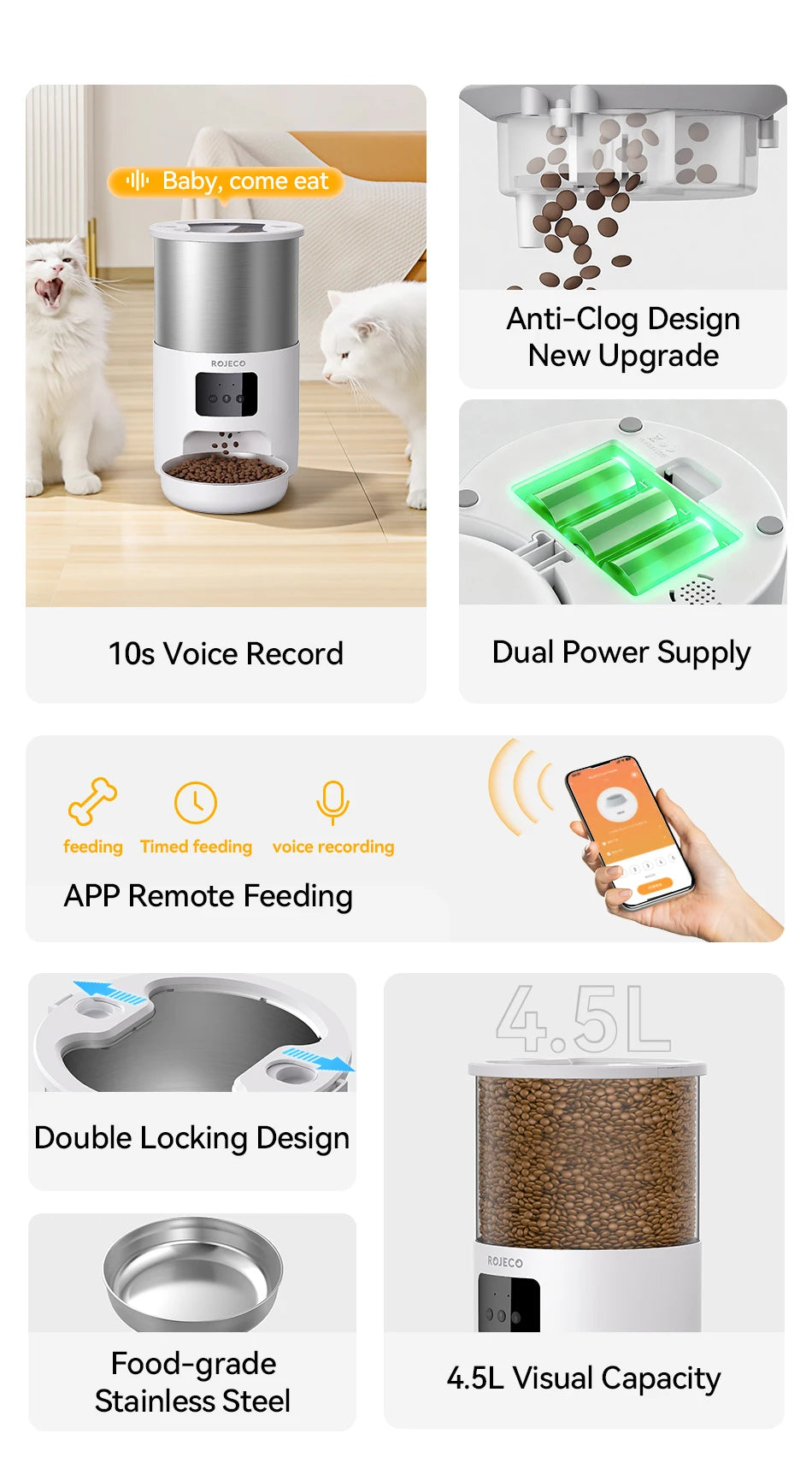 Distributeur automatique intelligent pour animaux de compagnie en acier inoxydable de 4,5 L avec Wi-Fi et enregistrement vocal