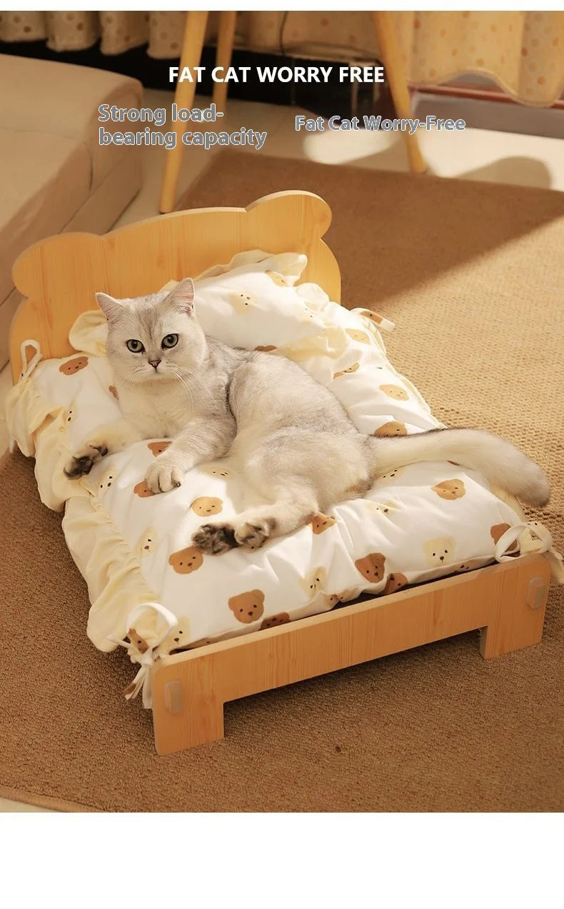Solid Wood Pet Bed with Removable Washable Mat – All-Season Cat & Dog House