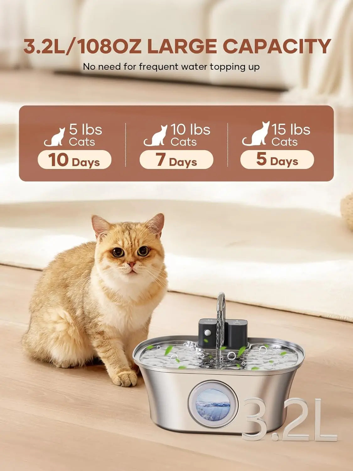Fontaine à eau pour animaux de compagnie en acier inoxydable de 3,2 L – Recharge sans fil avec fenêtre de niveau d'eau