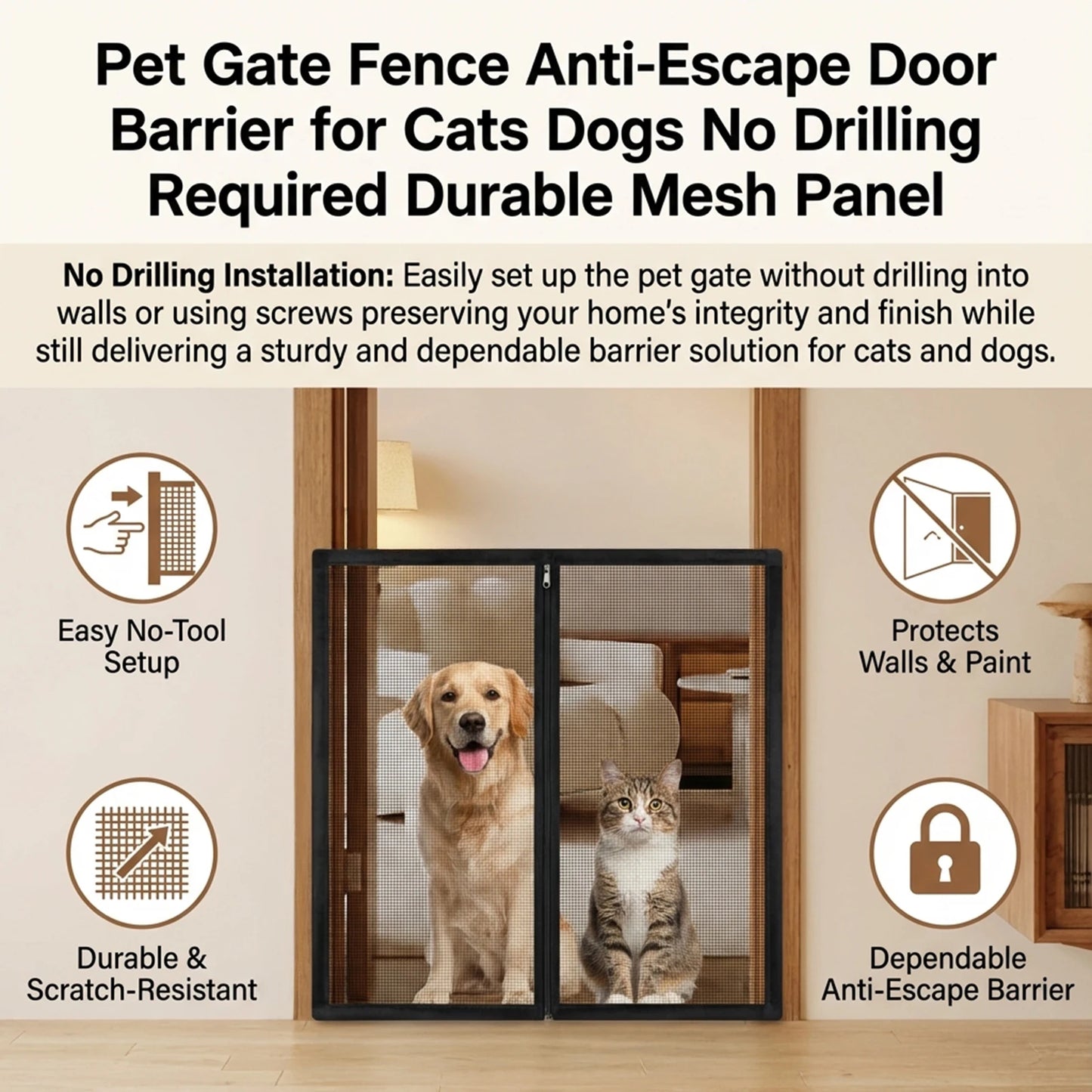 No-Drill Mesh Pet Gate Fence for Cats & Dogs