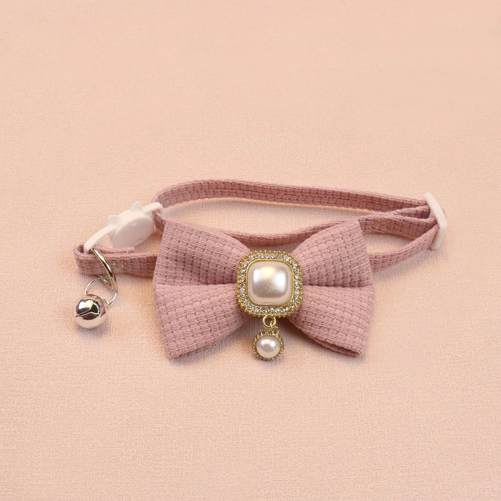Waffle Bow & Pearl Pendant Cat Collar with Bell