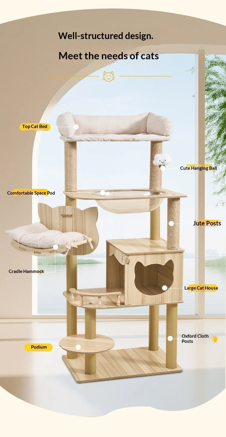 Wooden Cat Tree with Capsule House