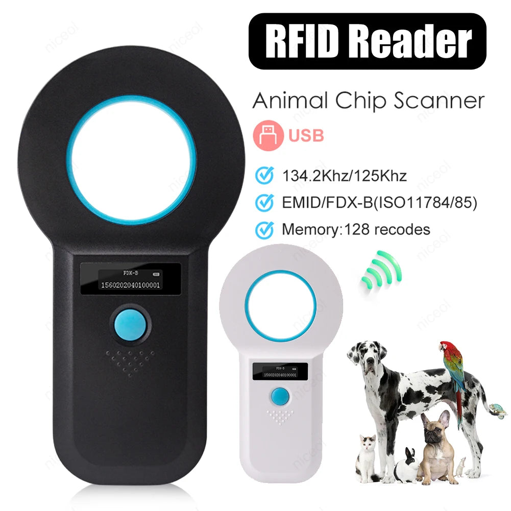Handheld Pet Microchip Scanner | RFID & EMID Reader with OLED Display